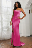 Straight Across Strapless Satin Sheath Formal Evening Dresses with Slit Prom Party Gowns