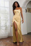 Straight Across Strapless Satin Sheath Formal Evening Dresses with Slit Prom Party Gowns