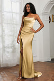 Straight Across Strapless Satin Sheath Formal Evening Dresses with Slit Prom Party Gowns