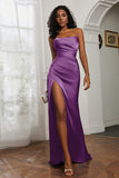 Straight Across Strapless Satin Sheath Formal Evening Dresses with Slit Prom Party Gowns