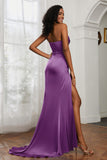 Straight Across Strapless Satin Sheath Formal Evening Dresses with Slit Prom Party Gowns