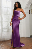 Straight Across Strapless Satin Sheath Formal Evening Dresses with Slit Prom Party Gowns