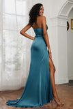 Straight Across Strapless Satin Sheath Formal Evening Dresses with Slit Prom Party Gowns