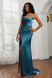 Straight Across Strapless Satin Sheath Formal Evening Dresses with Slit Prom Party Gowns