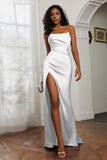 Straight Across Strapless Satin Sheath Formal Evening Dresses with Slit Prom Party Gowns