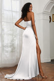 Straight Across Strapless Satin Sheath Formal Evening Dresses with Slit Prom Party Gowns