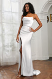 Straight Across Strapless Satin Sheath Formal Evening Dresses with Slit Prom Party Gowns