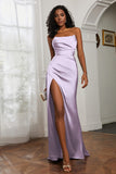 Straight Across Strapless Satin Sheath Formal Evening Dresses with Slit Prom Party Gowns