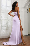 Straight Across Strapless Satin Sheath Formal Evening Dresses with Slit Prom Party Gowns