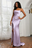 Straight Across Strapless Satin Sheath Formal Evening Dresses with Slit Prom Party Gowns