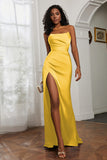 Straight Across Strapless Satin Sheath Formal Evening Dresses with Slit Prom Party Gowns