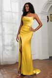 Straight Across Strapless Satin Sheath Formal Evening Dresses with Slit Prom Party Gowns