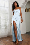 Straight Across Strapless Satin Sheath Formal Evening Dresses with Slit Prom Party Gowns