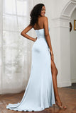 Straight Across Strapless Satin Sheath Formal Evening Dresses with Slit Prom Party Gowns