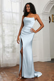 Straight Across Strapless Satin Sheath Formal Evening Dresses with Slit Prom Party Gowns