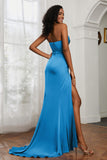 Straight Across Strapless Satin Sheath Formal Evening Dresses with Slit Prom Party Gowns