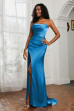 Straight Across Strapless Satin Sheath Formal Evening Dresses with Slit Prom Party Gowns