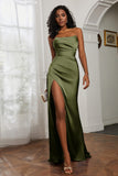 Straight Across Strapless Satin Sheath Formal Evening Dresses with Slit Prom Party Gowns