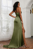 Straight Across Strapless Satin Sheath Formal Evening Dresses with Slit Prom Party Gowns