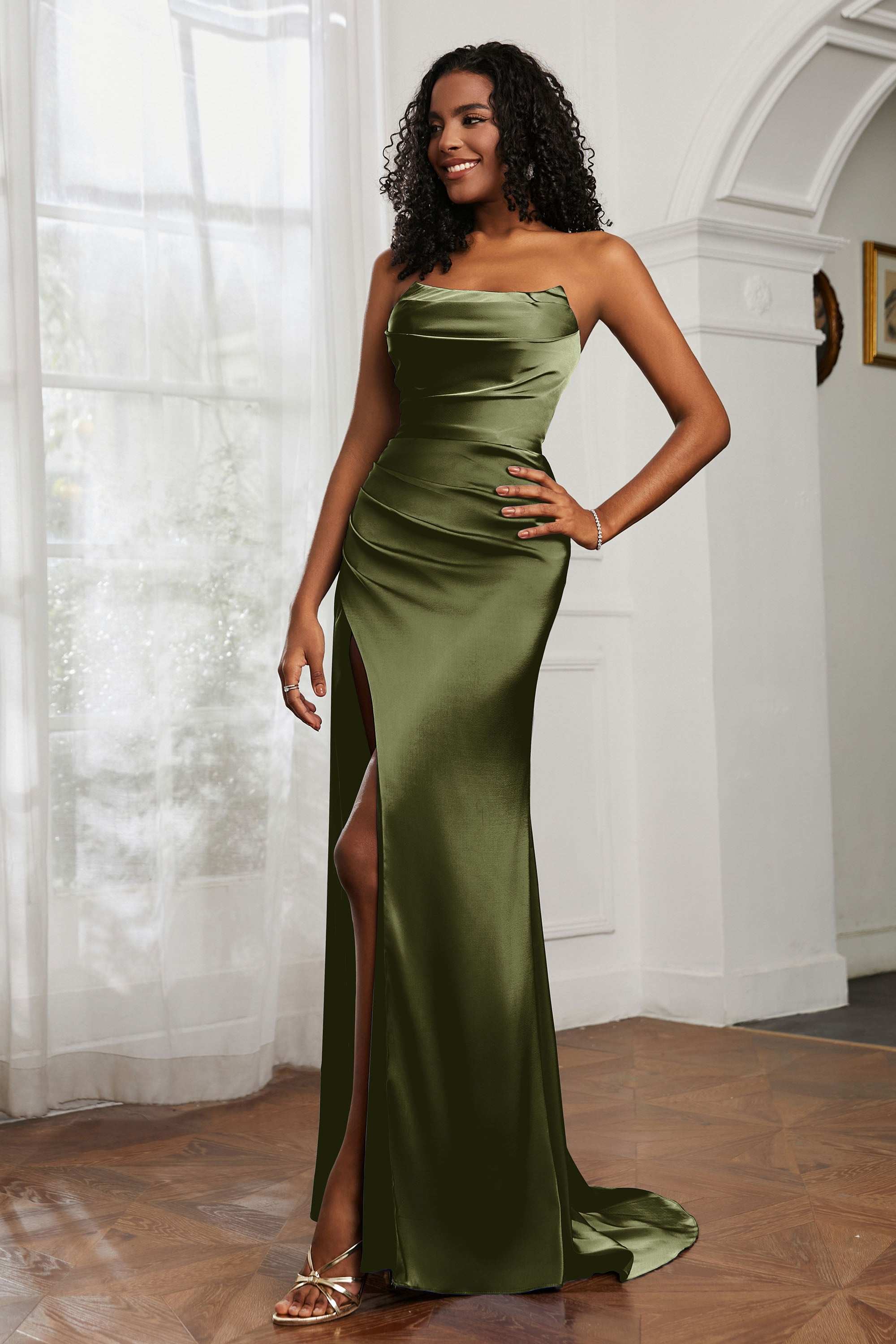 Straight Across Strapless Satin Sheath Formal Evening Dresses with Slit Prom Party Gowns