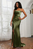 Straight Across Strapless Satin Sheath Formal Evening Dresses with Slit Prom Party Gowns