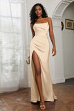 Straight Across Strapless Satin Sheath Formal Evening Dresses with Slit Prom Party Gowns