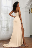 Straight Across Strapless Satin Sheath Formal Evening Dresses with Slit Prom Party Gowns