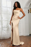 Straight Across Strapless Satin Sheath Formal Evening Dresses with Slit Prom Party Gowns