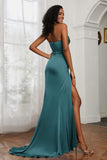 Straight Across Strapless Satin Sheath Formal Evening Dresses with Slit Prom Party Gowns