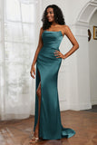 Straight Across Strapless Satin Sheath Formal Evening Dresses with Slit Prom Party Gowns