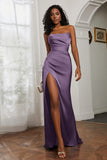 Straight Across Strapless Satin Sheath Formal Evening Dresses with Slit Prom Party Gowns