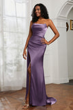 Straight Across Strapless Satin Sheath Formal Evening Dresses with Slit Prom Party Gowns