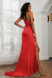 Straight Across Strapless Satin Sheath Formal Evening Dresses with Slit Prom Party Gowns