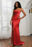 Straight Across Strapless Satin Sheath Formal Evening Dresses with Slit Prom Party Gowns