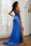 Straight Across Strapless Satin Sheath Formal Evening Dresses with Slit Prom Party Gowns