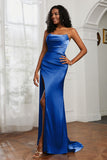 Straight Across Strapless Satin Sheath Formal Evening Dresses with Slit Prom Party Gowns
