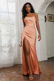 Straight Across Strapless Satin Sheath Formal Evening Dresses with Slit Prom Party Gowns