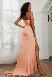 Straight Across Strapless Satin Sheath Formal Evening Dresses with Slit Prom Party Gowns