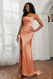 Straight Across Strapless Satin Sheath Formal Evening Dresses with Slit Prom Party Gowns