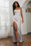 Straight Across Strapless Satin Sheath Formal Evening Dresses with Slit Prom Party Gowns