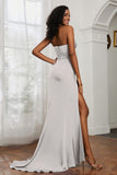 Straight Across Strapless Satin Sheath Formal Evening Dresses with Slit Prom Party Gowns