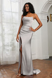 Straight Across Strapless Satin Sheath Formal Evening Dresses with Slit Prom Party Gowns