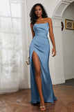 Straight Across Strapless Satin Sheath Formal Evening Dresses with Slit Prom Party Gowns