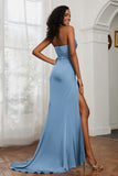 Straight Across Strapless Satin Sheath Formal Evening Dresses with Slit Prom Party Gowns
