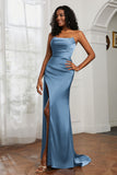 Straight Across Strapless Satin Sheath Formal Evening Dresses with Slit Prom Party Gowns