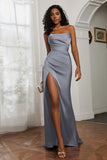 Straight Across Strapless Satin Sheath Formal Evening Dresses with Slit Prom Party Gowns