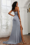 Straight Across Strapless Satin Sheath Formal Evening Dresses with Slit Prom Party Gowns