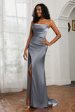 Straight Across Strapless Satin Sheath Formal Evening Dresses with Slit Prom Party Gowns