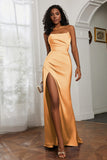 Straight Across Strapless Satin Sheath Formal Evening Dresses with Slit Prom Party Gowns