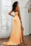 Straight Across Strapless Satin Sheath Formal Evening Dresses with Slit Prom Party Gowns